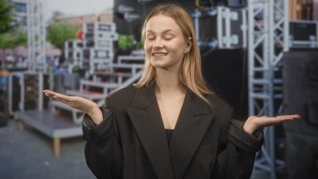 Woman young blonde smiling palms up presenting stage speakers, truss and platform while wearing oversized black jacket in street; confidence invitation.
