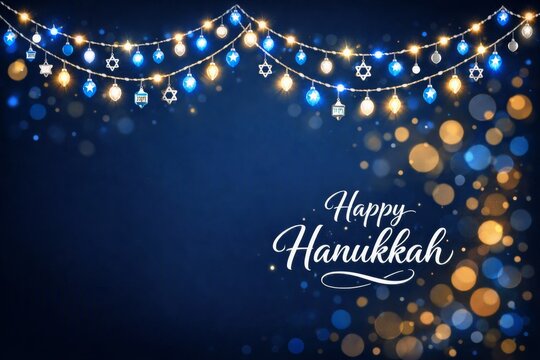 Happy hanukkah greeting background with blue bokeh and festive string lights for holiday card banner and seasonal celebration design