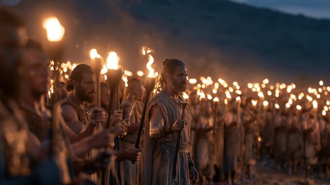 Gideon leading three hundred Israelite warriors with torches and trumpets against the Midianite camp at night.