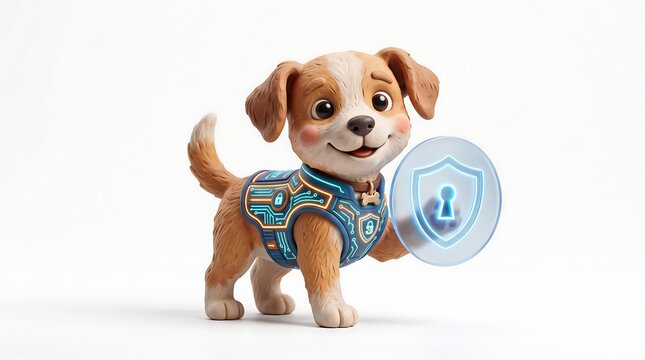 Cute puppy cartoon character wearing cyber armor and holding a digital security shield concept