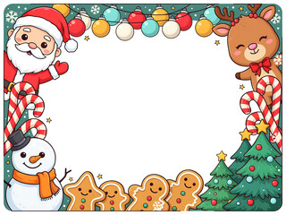 Fototapeta premium Colorful Christmas Border with Santa Claus Reindeer Ornaments Gingerbread and Holiday Decorations 