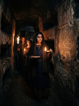 Woman carrying oil lamp through dark ancient catacomb with people holding torch and candle. Saint Lucy day religious tradition and early Christian history concept for winter light festival