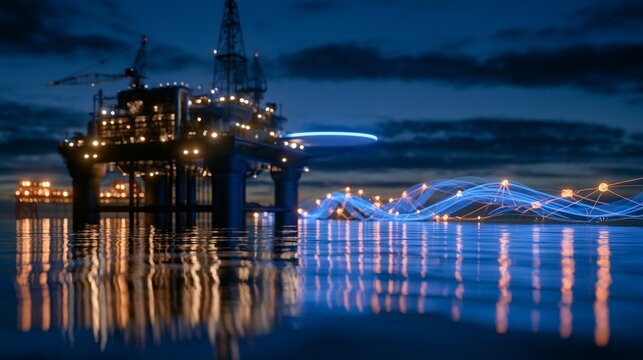 Industrial oil rig platform featuring futuristic digital data connections over water. Innovation concept