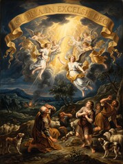 Fototapeta premium Baroque painting of angels appearing to shepherd with sheep flock at night under Gloria in excelsis deo banner. Christmas nativity annunciation biblical scene for religious holiday greeting card