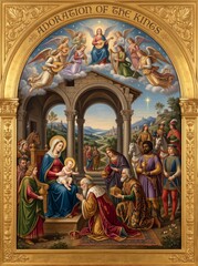 Naklejka premium Adoration of the kings with woman Mary holding baby Jesus and wise men offering gifts while angels play music above. Christmas epiphany nativity scene for religious holiday celebration