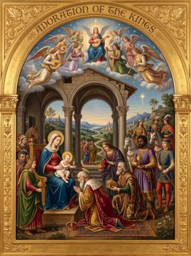 Adoration of the kings with woman Mary holding baby Jesus and wise men offering gifts while angels play music above. Christmas epiphany nativity scene for religious holiday celebration