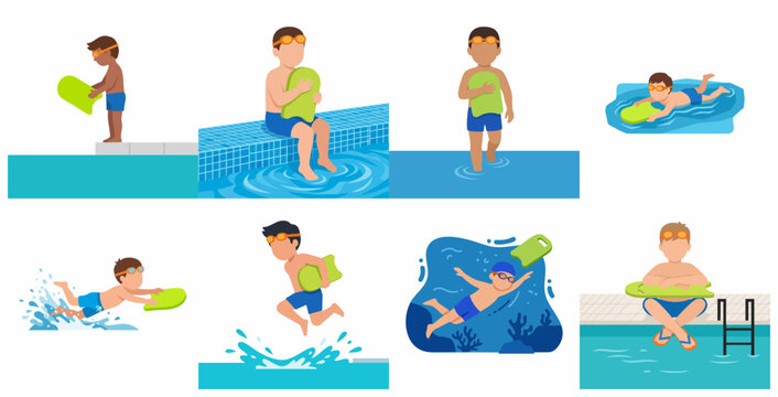 Set of cartoon illustrations of young boys learning to swim with kickboards in a pool, featuring various poses like jumping, diving, and floating, flat vector design for summer sports.