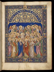 Fototapeta premium Illuminated medieval manuscript page showing saints and angels under Sanctus inscription with ornate border. Christian faith and holiness concept for All Saints Day and religious history
