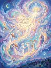 Fototapeta premium Angels and souls celebrating in heavenly clouds with music and light near golden gates of heaven. Spiritual fantasy painting with text the unseen world celebrates, religious and afterlife concept