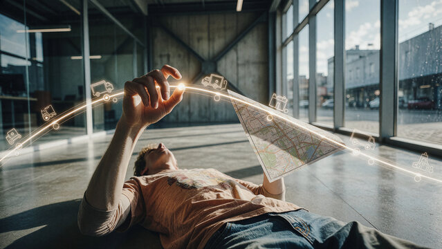 Man lies on polished concrete floor while holding paper map in large industrial loft featuring glass windows and bright daylight illumination with glowing digital interface overlay.
