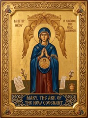 Fototapeta premium Woman virgin Mary with wings praying holding Christ child as ark of the new covenant icon. Golden Byzantine religious painting with halo. Christian faith and orthodox theology concept