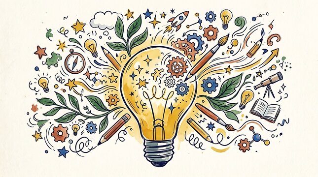 Bright idea concept with colorful hand drawn elements and a lightbulb