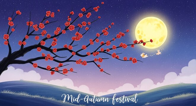 A cartoon illustration of a tree with red blossoms under a full moon on a night sky background with a rabbit flying in the air during midautumn festival