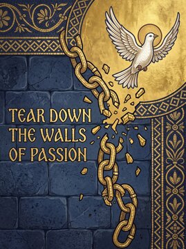 White dove with halo breaking golden chain on mosaic wall with text tear down the walls of passion. Spiritual freedom and liberation