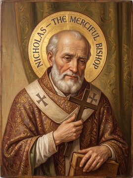 Elderly man Saint Nicholas the merciful bishop holding wooden cross and gospel book with golden halo. Christian orthodox icon and religious faith concept. Christmas history and tradition