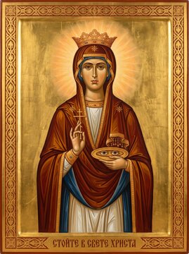 Woman saint holding orthodox cross and plate with eyes on byzantine icon. Christian martyr faith and sacrifice concept. Religious art for prayer and spiritual devotion