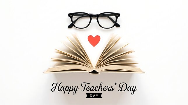 Happy Teachers' Day greeting design featuring black eyeglasses, a red heart, and an open book flat lay on a clean white background.