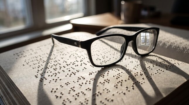 Black eyeglasses resting on an open braille book page with soft sunlight casting dramatic shadows across the raised dots.