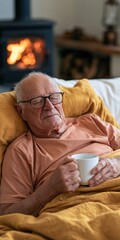 Fototapeta premium Elderly man lying with a mug beside a glowing fireplace for cozy lifestyle banner background and wellness design