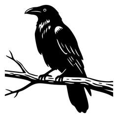 Fototapeta premium A black crow bird sitting on a wooden tree branch in a simple graphic illustration style for nature designs