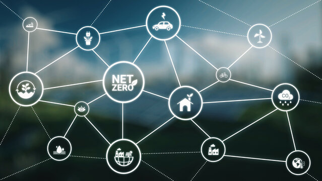 Net zero and sustainability concepts with environmental balance, digital sustainability icons, green energy goals, and eco-conscious digital business transformation for the future. Gist