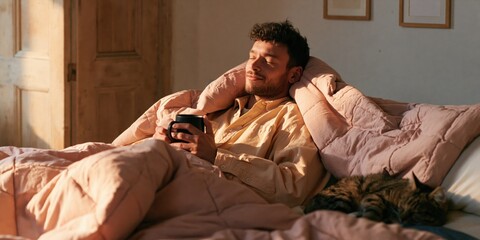 Fototapeta premium Relaxed young man drinking coffee in bed with cat in warm morning light for cozy lifestyle background and social media banner
