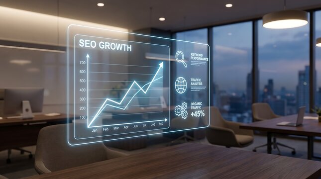 Digital holographic display showing growth charts and data analytics for professional seo marketing strategy in a modern office boardroom