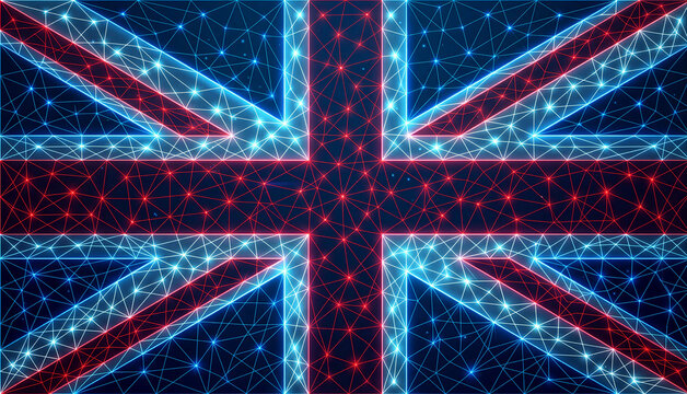 United Kingdom flag glowing wireframe, neon Union Jack network technology background, digital Britain data connection illustration