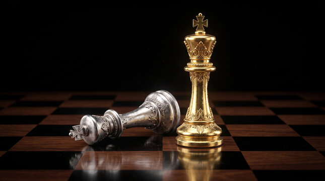 Golden king chess piece standing victorious next to fallen defeated silver king chess piece on black and white chessboard, dramatic black background
