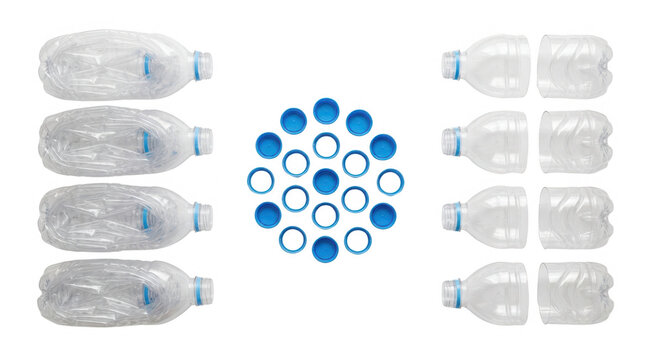Circular arrangement of empty plastic bottles and caps promoting recycling awareness and environmental responsibility