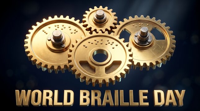 Golden interlocking gear mechanism with tactile braille dots and bold 3D text commemorating World Braille Day, symbolizing innovation, progress, and inclusive design.
