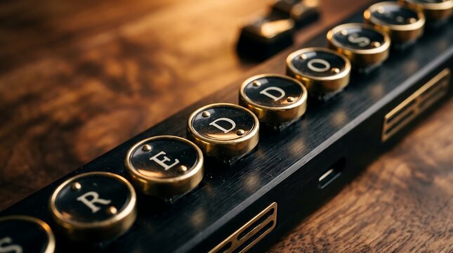 Vintage style typewriter keys with brass borders lined up on a wooden desk, symbolizing classic writing tools, mechanical typography, and nostalgic literature.