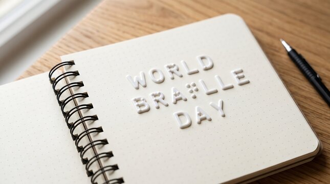 Open spiral notebook featuring raised white text and tactile dots reading World Braille Day on a wooden desk, symbolizing accessible education, learning, and awareness.