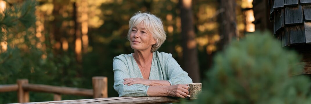 Senior woman on cabin porch holding a mug looking peaceful among trees at sunset for retirement retreat banner background and calm lifestyle header