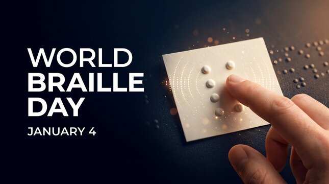 Modern World Braille Day banner for January 4th featuring a hand touching raised tactile dots with glowing signal waves on a dark background.