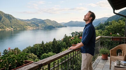 Naklejka premium Man enjoying serene lake view from balcony with mountains and lush green trees in background