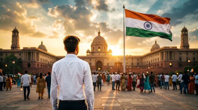 Young Indian man looking at the waving national flag of India in front of monumental government architecture during sunset.
