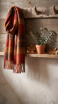 Plaid scarf hanging with a potted eucalyptus plant on rustic wood shelf