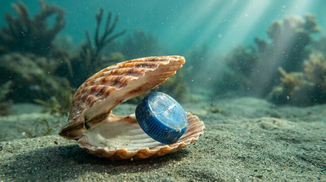 An open scallop shell resting on the sandy ocean floor, revealing a vibrant blue, circular object inside, illuminated by sun rays filtering through the clear water.