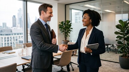 Fototapeta premium Diverse business professionals shaking hands in a modern office with city view