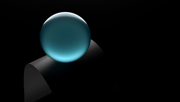 A glowing blue glass sphere on a matte black curved base