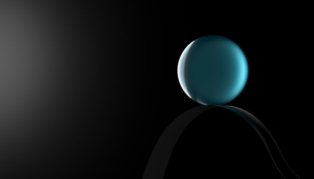 A glossy blue sphere balanced on a curved reflective surface