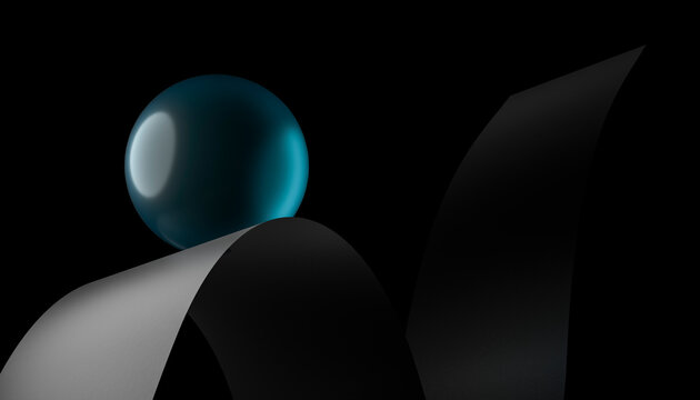 Blue glossy sphere balanced on a curved paper strip in a dark studio
