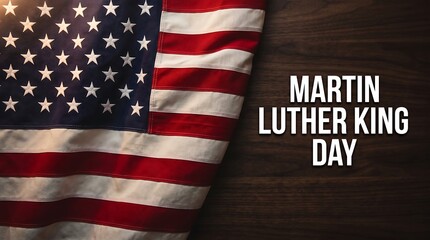 Obraz premium Martin Luther King Day typography in bold white text beside a draped American flag on a dark wooden background.