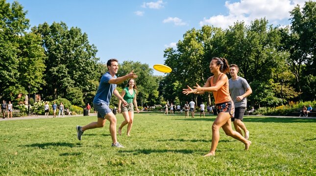 Young adults enjoying a sunny day playing frisbee in a lush green park with trees and blue sky