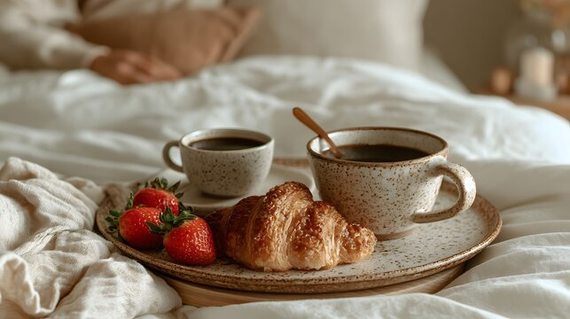 Soft bedding frames a simple breakfast setup
