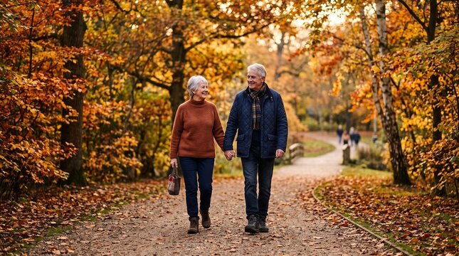 Elderly couple holding hands walking on a path in an autumn park with colorful fall foliage