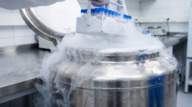 Cryogenic storage tank releasing liquid nitrogen vapor during biological sample preservation in a medical laboratory