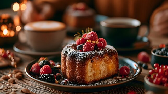 Warm, inviting dessert scene with a powdered sugar-coated cake