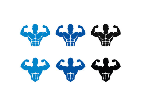 Bodybuilder fitness logo set with muscular male silhouettes flexing biceps and showing abdominal muscles.